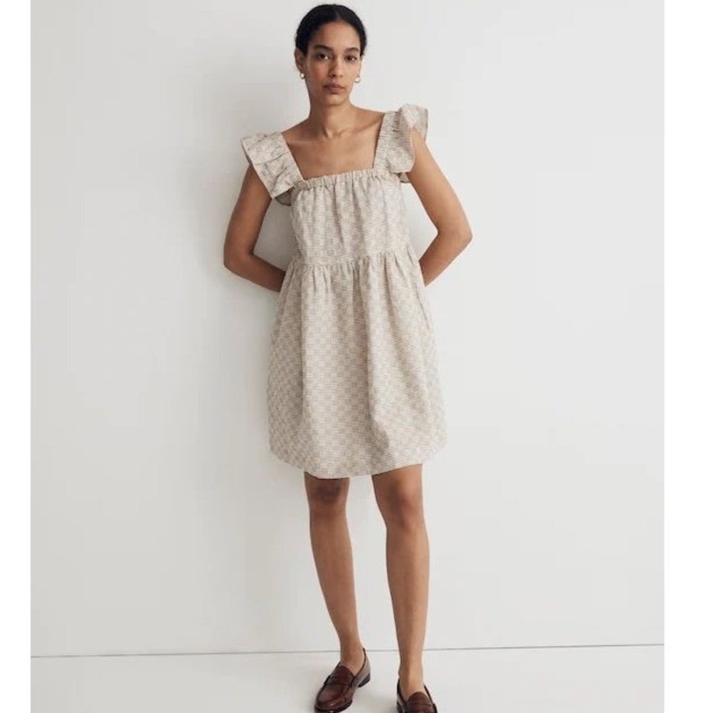 Madewell Cotton Linen Blend Brown Square Neck Flutter Sleeve Mini Dres Size XS